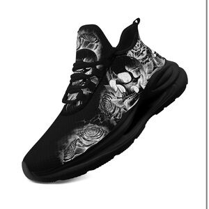 Black Skull and Roses Pattern Men's Shoes, New, No box